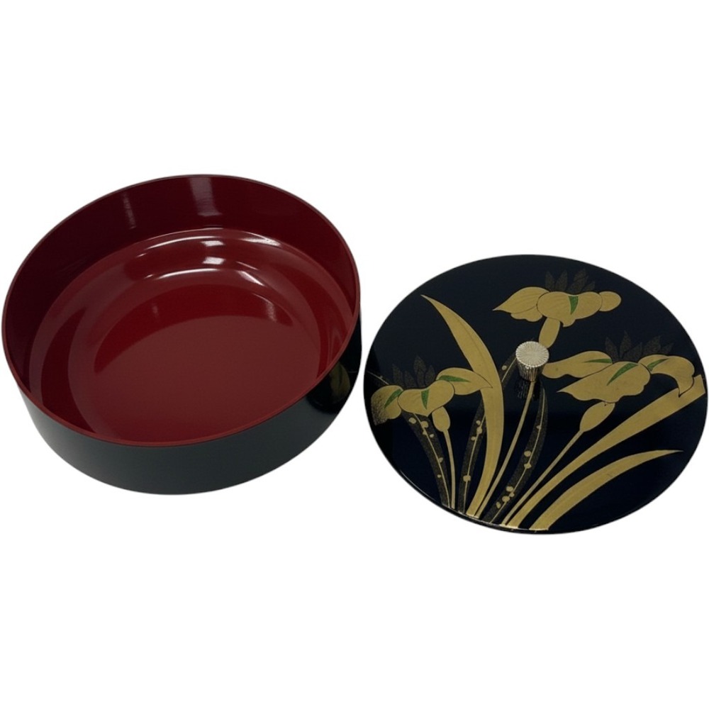 Vintage Japanese Lacquerware Trinket box Black Gold Iris Floral Red Interior Lid